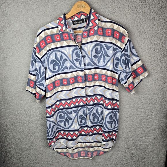 Lemon Grass Boho Button Front Blouse Shirt M Vintage Rayon Bold Abstract Print - Picture 5 of 11